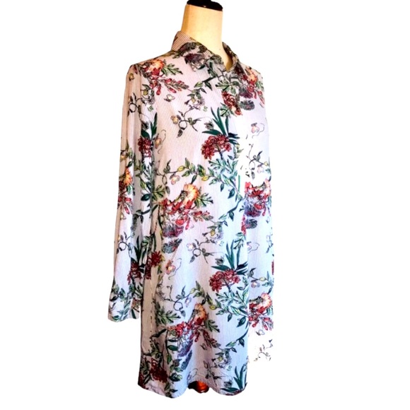Entro Floral Shirt Dress Button Down Popover Collared Medium Pockets Tab Sleeves - Picture 8 of 15